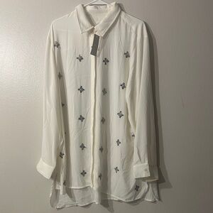 Chicos Womens Tunic Top Blouse Sz 4 Ivory Beaded Curved Sides Long Sleeve NWT